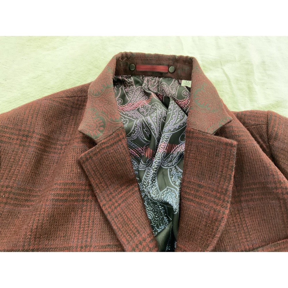 Robert Graham Mens 42 Burgundy Plaid 100% Wool Blazer Sport Coat Paisley Lining